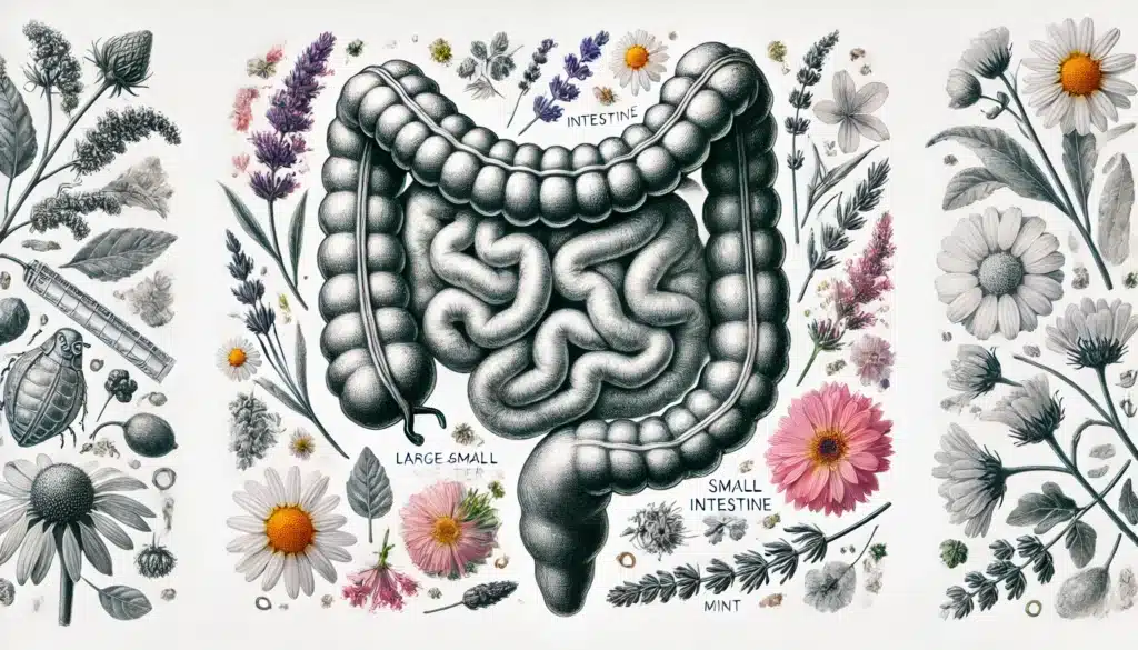 Anatomical illustration of the large and small intestine, depicting SIBO and digestive health complications.